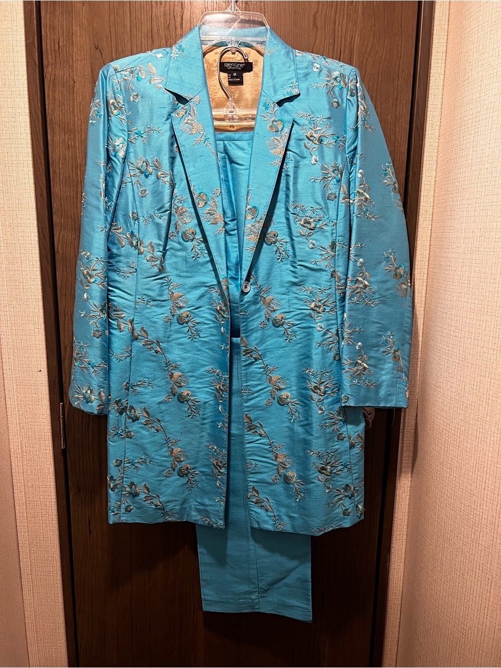Karen Kane Teal Embroidered Silk Suit Set Size M Statement Formal Wedding Guest